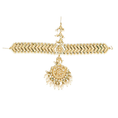 Gold Finish Kundan Stone & Pearl Chain Mathapatti - Auraa Trends - Mathapati - # - Auraa Trends - Gold Finish Kundan Stone & Pearl Chain Mathapatti