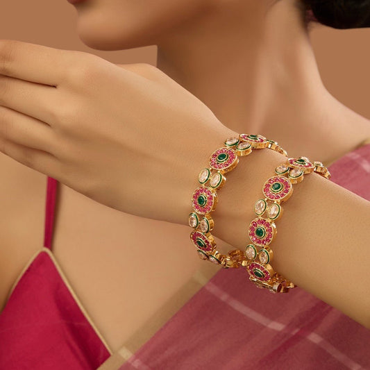 Gold Finish Multi - Colored Kundan Polki Bangles (Set of 2) - Auraa Trends - Bangles - # - Auraa Trends - Gold Finish Multi - Colored Kundan Polki Bangles (Set of 2)