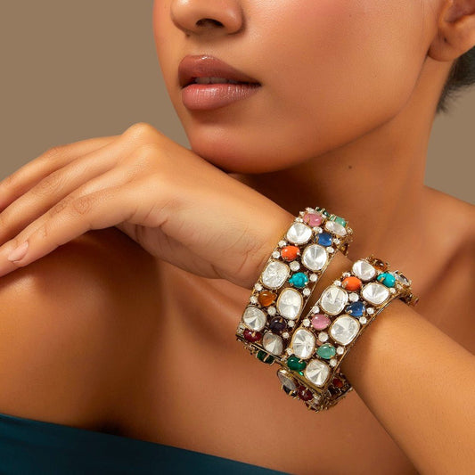 Gold Finish Multi - Colored Stone & Kundan Polki Bangle - Auraa Trends - Bangles - # - Auraa Trends - Gold Finish Multi - Colored Stone & Kundan Polki Bangle