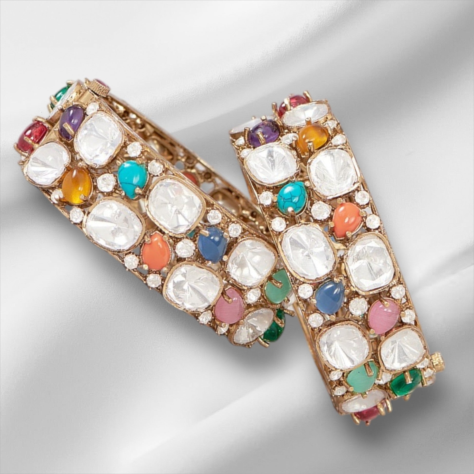 Gold Finish Multi - Colored Stone & Kundan Polki Bangle - Auraa Trends - Bangles - # - Auraa Trends - Gold Finish Multi - Colored Stone & Kundan Polki Bangle