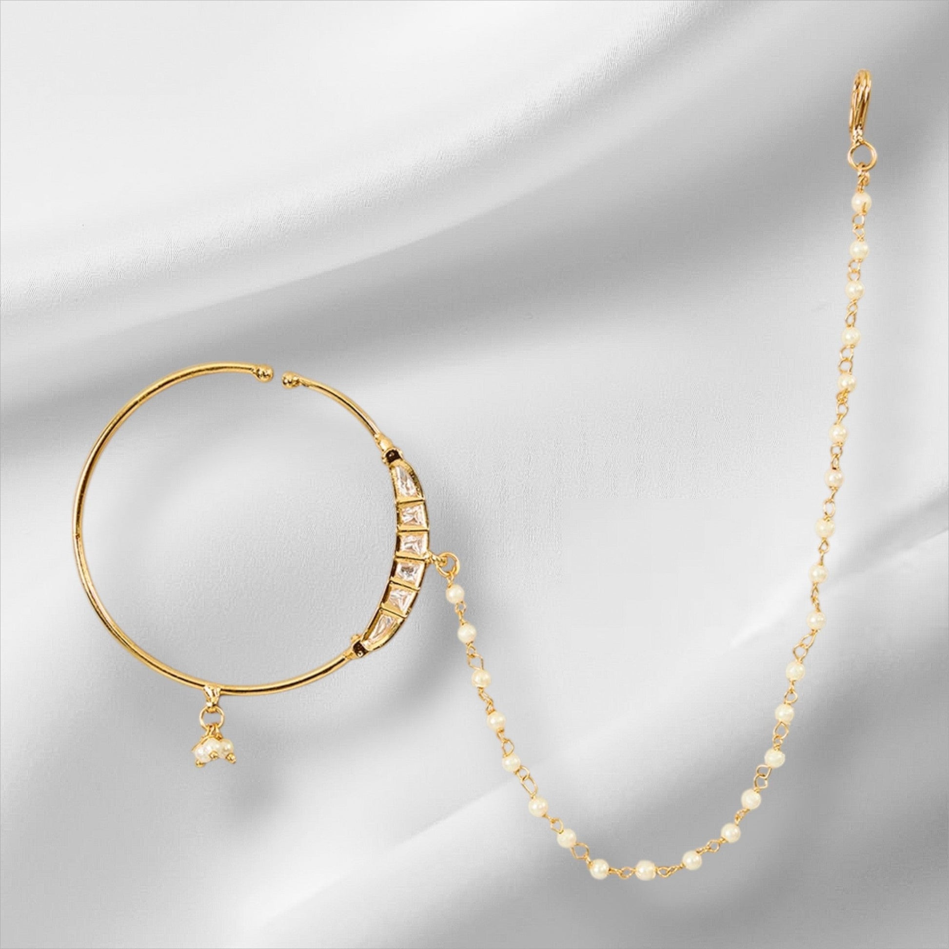 Gold Finish Pearl Chain Nath - Auraa Trends - Nath - # - Auraa Trends - Gold Finish Pearl Chain Nath