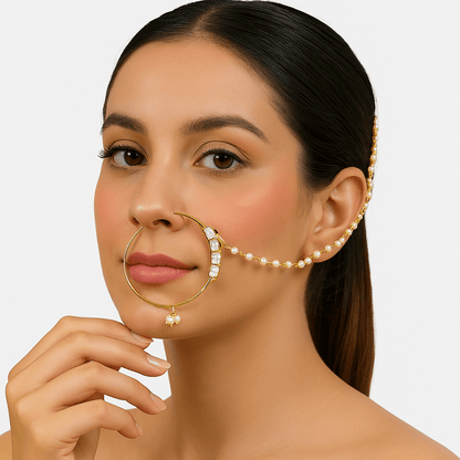 Gold Finish Pearl Chain Nath - Auraa Trends - Nath - # - Auraa Trends - Gold Finish Pearl Chain Nath