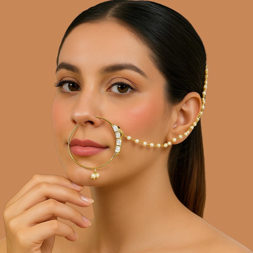 Gold Finish Pearl Chain Nath - Auraa Trends - Nath - # - Auraa Trends - Gold Finish Pearl Chain Nath