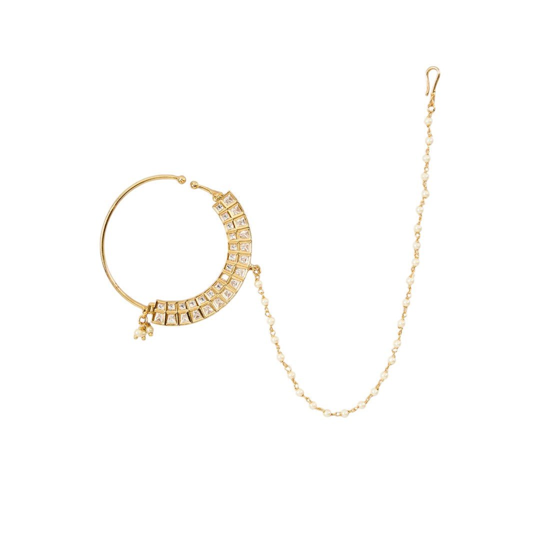 Gold Finish Pearl Chain Nath - Auraa Trends - Nath - # - Auraa Trends - Gold Finish Pearl Chain Nath