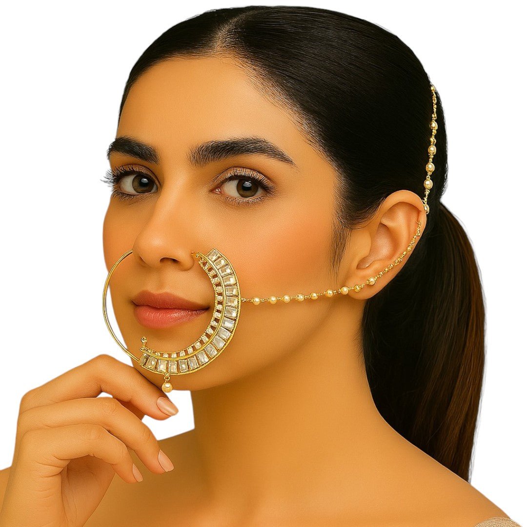 Gold Finish Pearl Chain Nath - Auraa Trends - Nath - # - Auraa Trends - Gold Finish Pearl Chain Nath