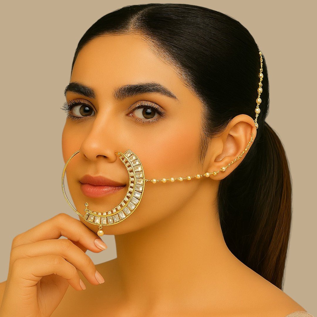 Gold Finish Pearl Chain Nath - Auraa Trends - Nath - # - Auraa Trends - Gold Finish Pearl Chain Nath