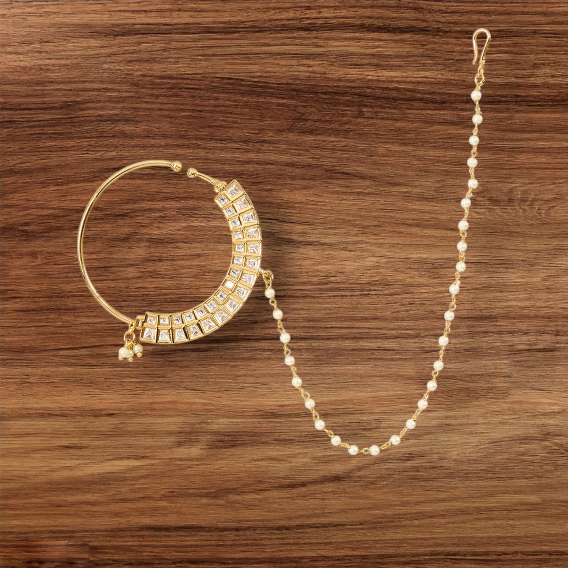 Gold Finish Pearl Chain Nath - Auraa Trends - Nath - # - Auraa Trends - Gold Finish Pearl Chain Nath