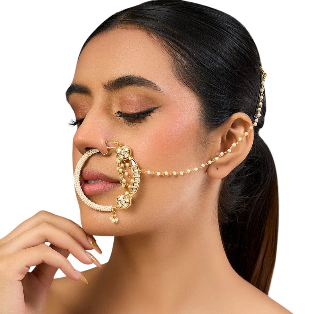 Gold Finish Pearl Chain Nath - Auraa Trends - Nath - # - Auraa Trends - Gold Finish Pearl Chain Nath
