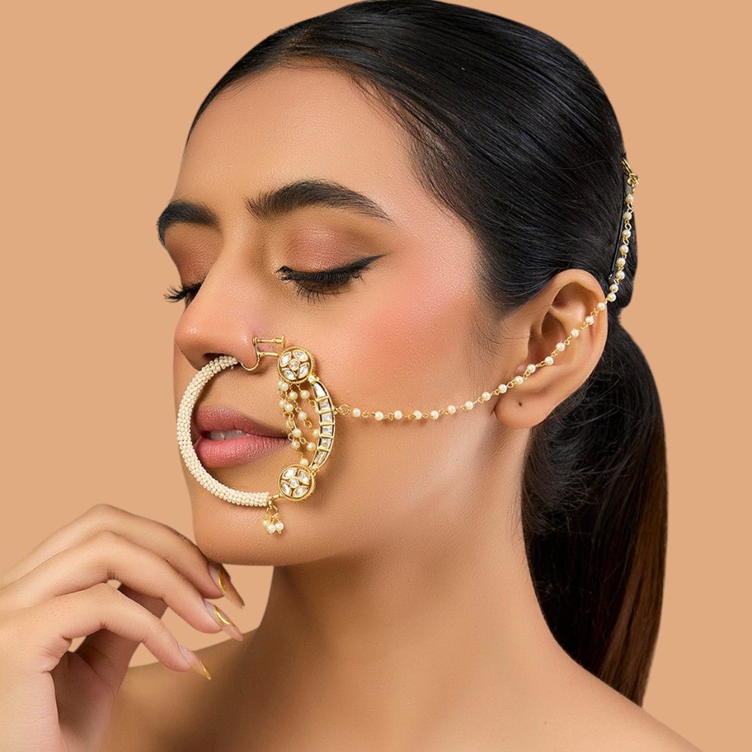 Gold Finish Pearl Chain Nath - Auraa Trends - Nath - # - Auraa Trends - Gold Finish Pearl Chain Nath