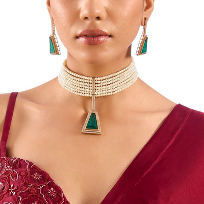 Gold Finish Pearl & Emerald Drop Choker Pendant Necklace Set – Traditional Bridal Jewelry for Weddings & Festive Wear - Auraa Trends - necklace -  - Auraa Trends - Gold Finish Pearl & Emerald Drop Choker Pendant Necklace Set – Traditional Bridal Jewelry for Weddings & Festive Wear