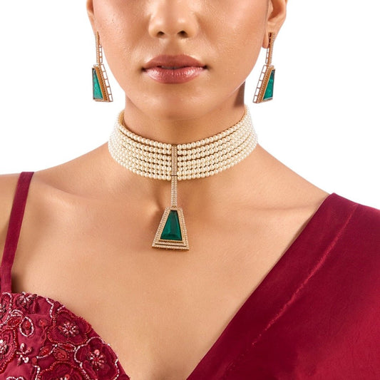 Gold Finish Pearl & Emerald Drop Choker Pendant Necklace Set – Traditional Bridal Jewelry for Weddings & Festive Wear - Auraa Trends - necklace -  - Auraa Trends - Gold Finish Pearl & Emerald Drop Choker Pendant Necklace Set – Traditional Bridal Jewelry for Weddings & Festive Wear