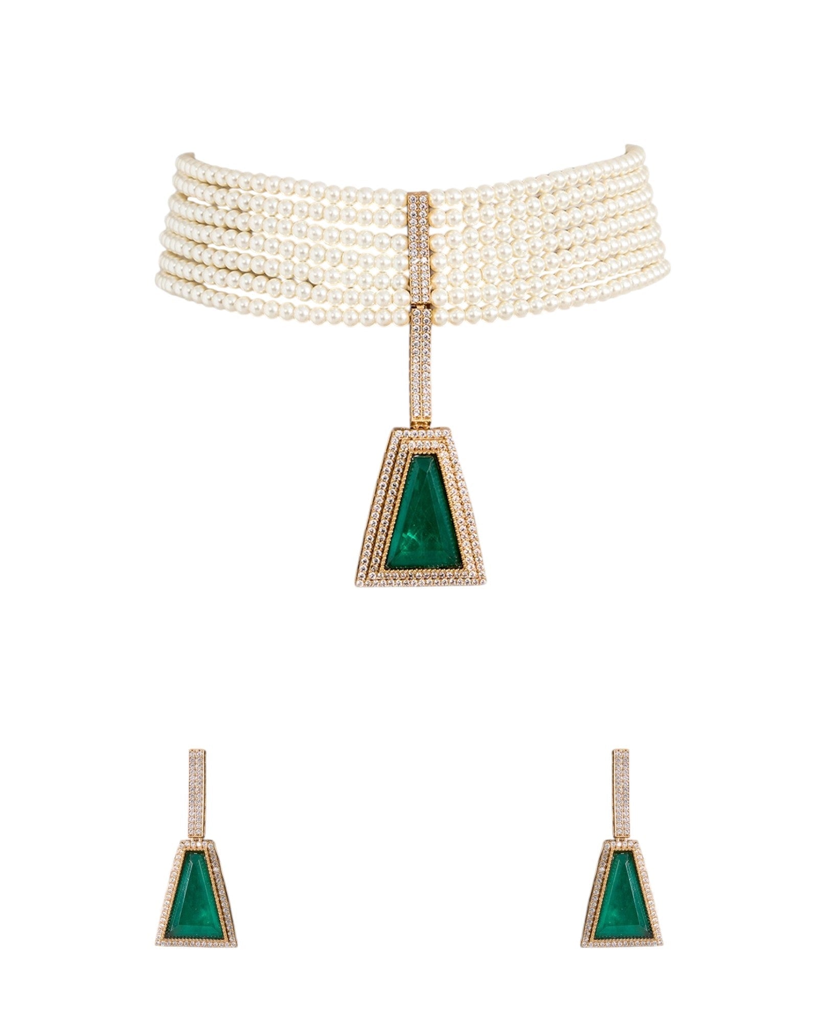 Gold Finish Pearl & Emerald Drop Choker Pendant Necklace Set – Traditional Bridal Jewelry for Weddings & Festive Wear - Auraa Trends - necklace -  - Auraa Trends - Gold Finish Pearl & Emerald Drop Choker Pendant Necklace Set – Traditional Bridal Jewelry for Weddings & Festive Wear