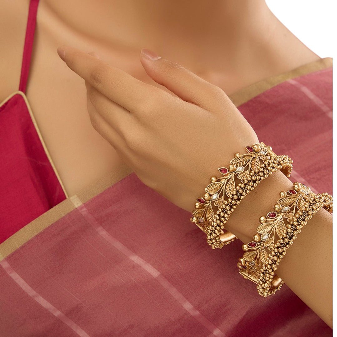 Gold Finish Pearl & Kundan Polki Bangles (Set of 2) - Auraa Trends - Bangles - # - Auraa Trends - Gold Finish Pearl & Kundan Polki Bangles (Set of 2)