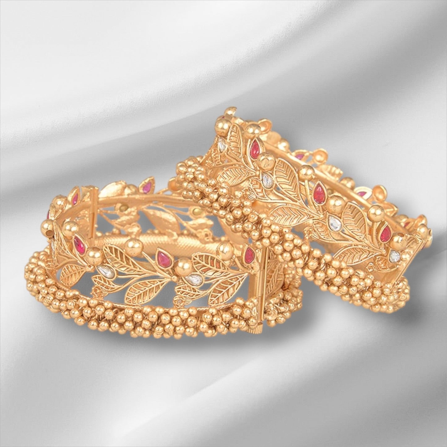 Gold Finish Pearl & Kundan Polki Bangles (Set of 2) - Auraa Trends - Bangles - # - Auraa Trends - Gold Finish Pearl & Kundan Polki Bangles (Set of 2)