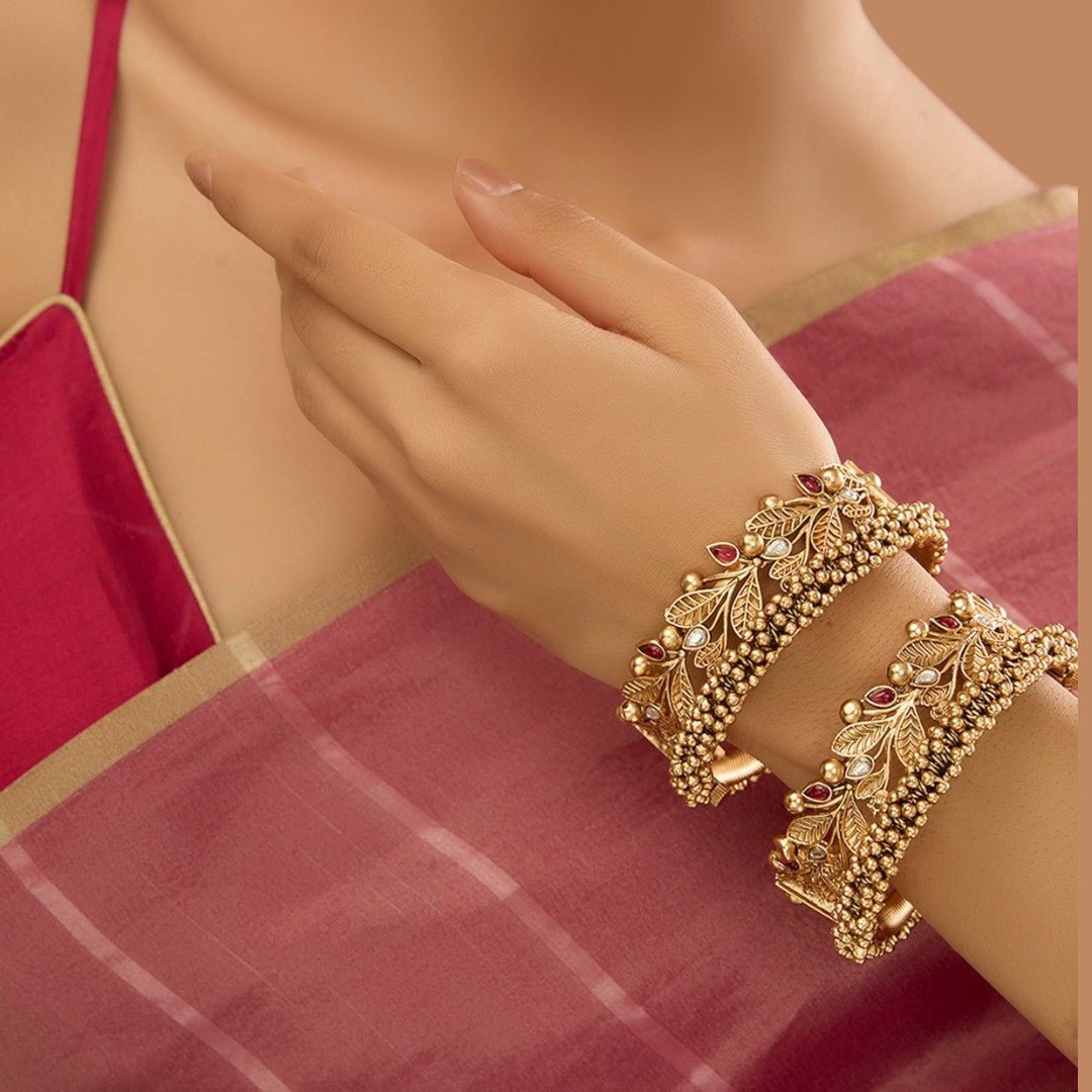 Gold Finish Pearl & Kundan Polki Bangles (Set of 2) - Auraa Trends - Bangles - # - Auraa Trends - Gold Finish Pearl & Kundan Polki Bangles (Set of 2)