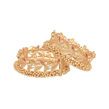 Gold Finish Pearl & Kundan Polki Bangles (Set of 2) - Auraa Trends - Bangles - # - Auraa Trends - Gold Finish Pearl & Kundan Polki Bangles (Set of 2)