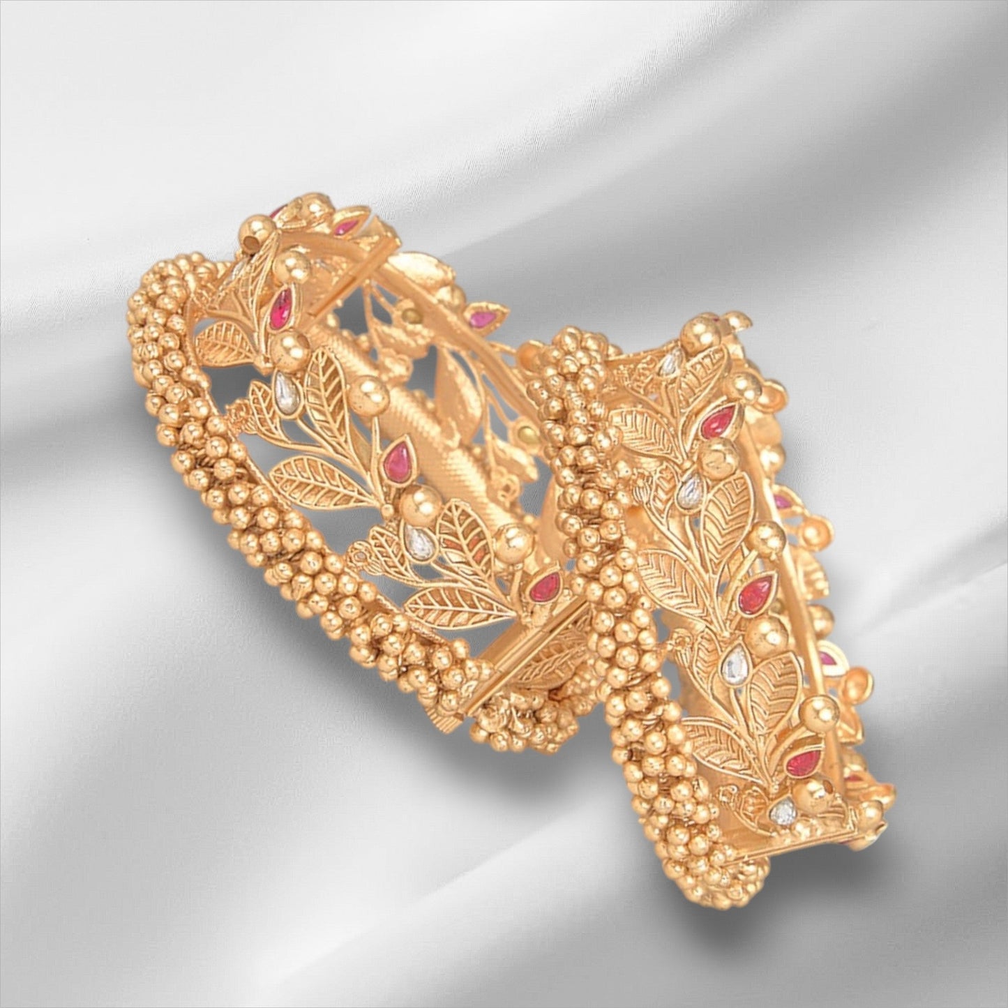 Gold Finish Pearl & Kundan Polki Bangles (Set of 2) - Auraa Trends - Bangles - # - Auraa Trends - Gold Finish Pearl & Kundan Polki Bangles (Set of 2)