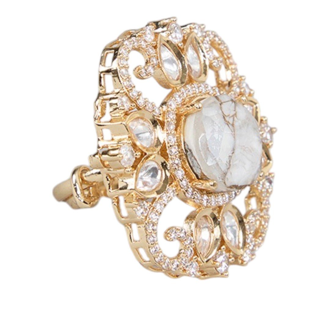 Gold Finish Pearl Ring Stone Statement - Auraa Trends - Rings - # - Auraa Trends - Gold Finish Pearl Ring Stone Statement