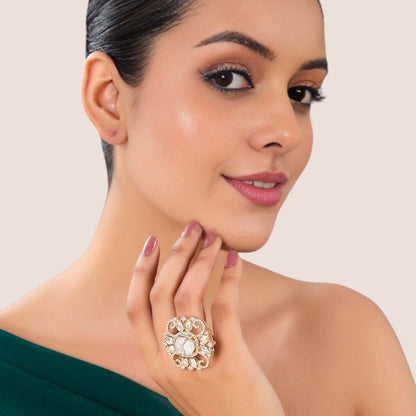 Gold Finish Pearl Ring Stone Statement - Auraa Trends - Rings - # - Auraa Trends - Gold Finish Pearl Ring Stone Statement