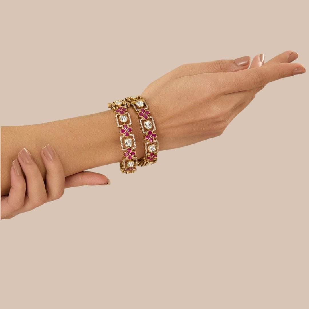 Gold Finish Polki Diamond Bangles (Set Of 2) - Auraa Trends