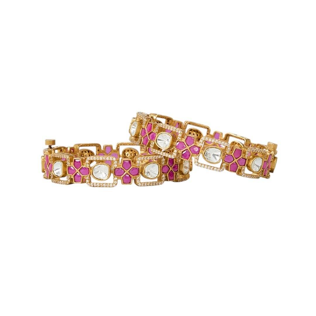 Gold Finish Polki Diamond Bangles (Set Of 2) - Auraa Trends