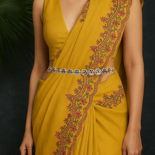 Gold Finish Polki & Pearls Waist Belt - Auraa Trends - Waist Belt - # - Auraa Trends - Gold Finish Polki & Pearls Waist Belt
