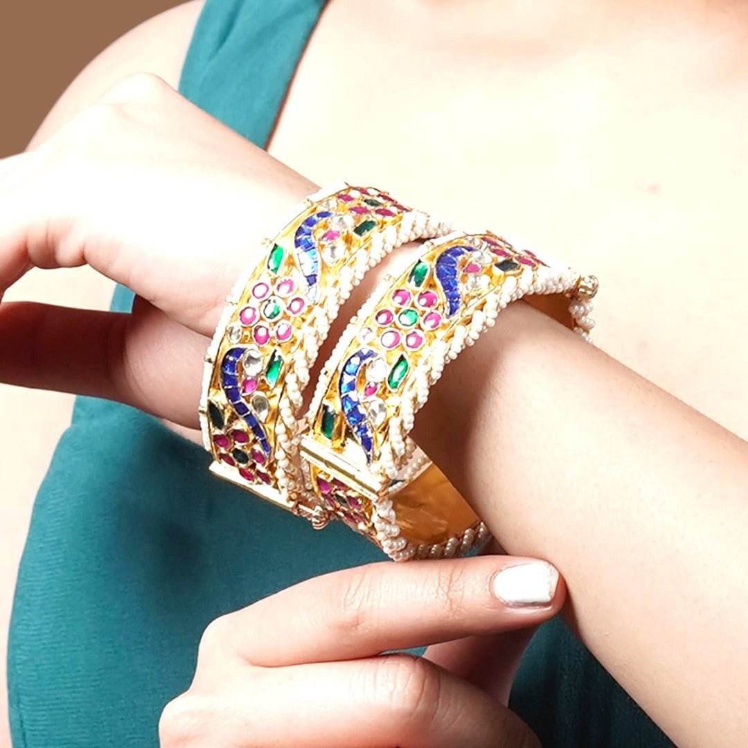 Gold Plated Bangles With Pearls (Set of 2) - Auraa Trends