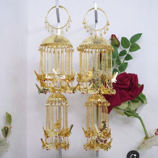 Gold Plated Bird Design Bridal Kaleera with Pearl Chains for Wedding & Festive Wear - Auraa Trends - Kaleere -  - Auraa Trends - "Gold - plated bridal kaleera with bird motifs and hanging pearl chains for traditional Indian weddings"