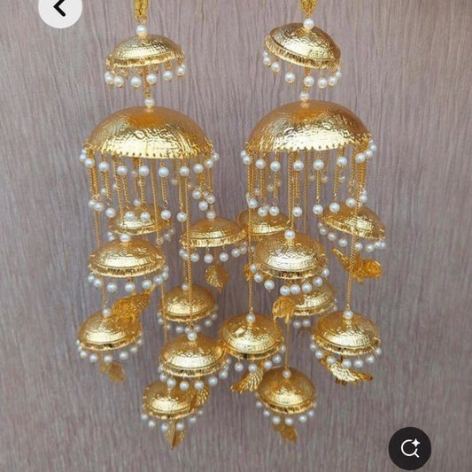 Gold Plated Bridal Kaleera with Dome - Shaped Jhumkas & Pearl Tassels for Women - Auraa Trends - Kaleere -  - Auraa Trends - Gold - plated bridal kaleera with dome - shaped jhumkas and pearl danglings for traditional Indian weddings"