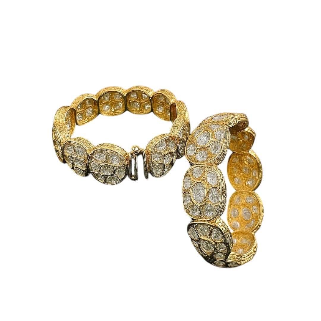 Gold-Plated Broad Kundan Kada Bangles with Oval White Stones - Auraa Trends