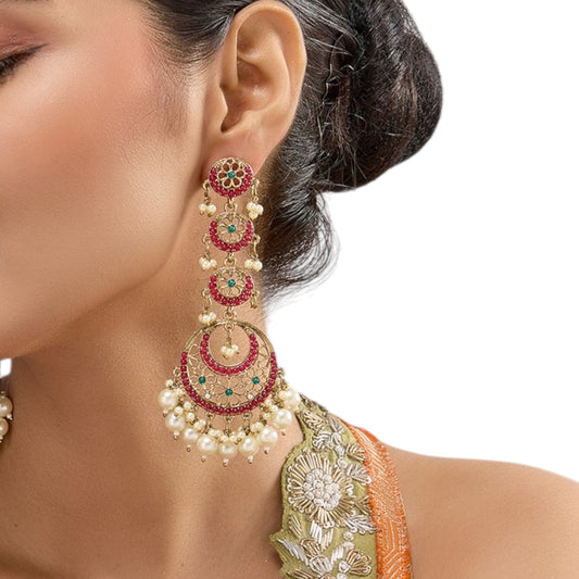 Gold - Plated Chandbali Earrings with Pink Floral Motifs & Pearl Drops - Auraa Trends -  - Auraa Trends - Gold - plated ethnic earrings with pink floral motifs, crescent drop design, and pearl danglings, perfect for festive and wedding wear."