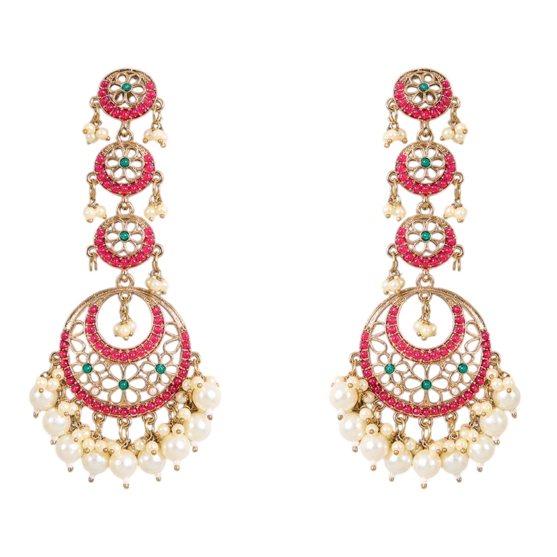 Gold - Plated Chandbali Earrings with Pink Floral Motifs & Pearl Drops - Auraa Trends -  - Auraa Trends - Gold - plated ethnic earrings with pink floral motifs, crescent drop design, and pearl danglings, perfect for festive and wedding wear."