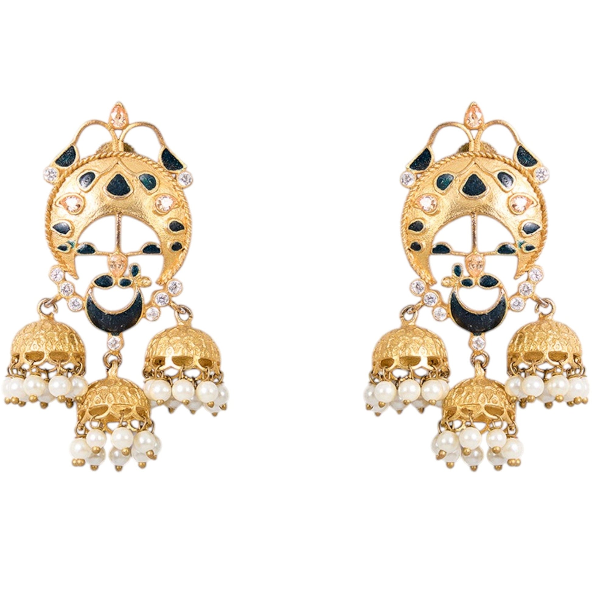 Gold - Plated Crescent Earrings with Black Enamel & Triple Jhumka Drops - Auraa Trends - Earrings -  - Auraa Trends - "Gold - plated ethnic earrings with black enamel detailing, crescent design, and triple jhumka pearl drops, ideal for weddings and festive occasions."