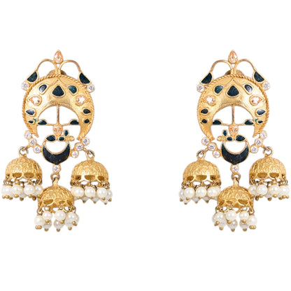 Gold - Plated Crescent Earrings with Black Enamel & Triple Jhumka Drops - Auraa Trends - Earrings -  - Auraa Trends - "Gold - plated ethnic earrings with black enamel detailing, crescent design, and triple jhumka pearl drops, ideal for weddings and festive occasions."