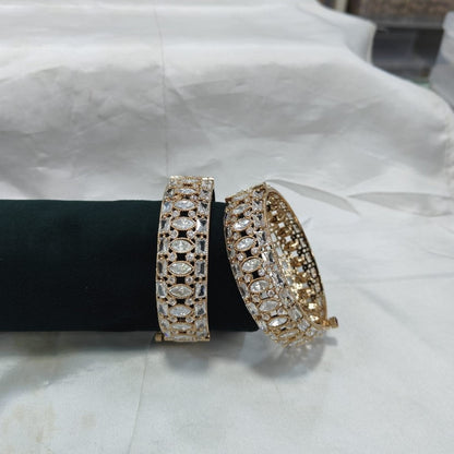 Gold - Plated Designer Bangles with Oval & Round White CZ Stones - Auraa Trends - Bangles -  - Auraa Trends - Gold - Plated Designer Bangles with Oval & Round White CZ Stones