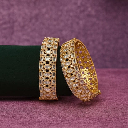 Gold - Plated Designer Bangles with Oval & Round White CZ Stones - Auraa Trends - Bangles -  - Auraa Trends - Gold - Plated Designer Bangles with Oval & Round White CZ Stones