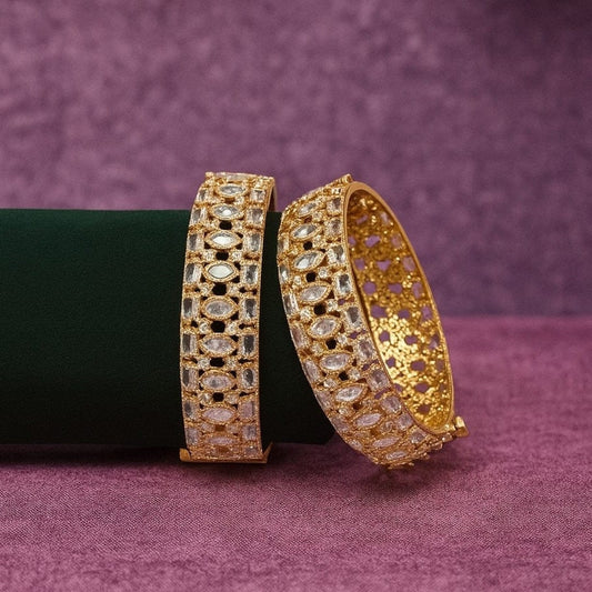 Gold - Plated Designer Bangles with Oval & Round White CZ Stones - Auraa Trends - Bangles -  - Auraa Trends - Gold - Plated Designer Bangles with Oval & Round White CZ Stones