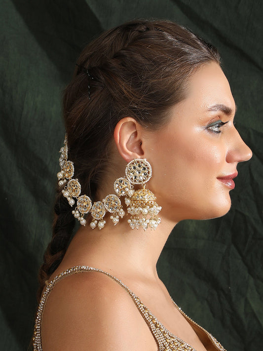 Gold-Plated Dome Shaped Jhumka With Hair Chain - Auraa Trends - Jhumka - Earrings Gold Gold Plated