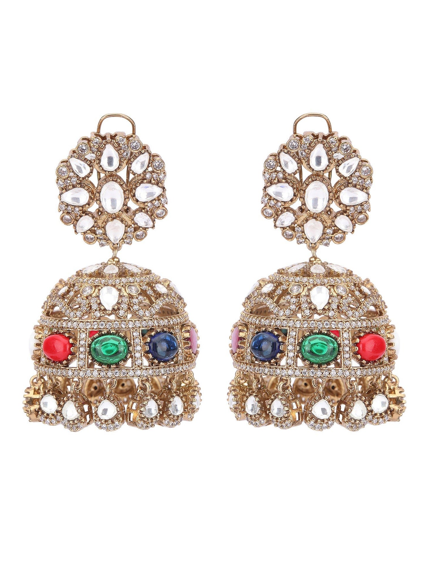 Gold Plated Dome Shaped Stone Studded Jhumka earrings set - Auraa Trends - Jhumkas - Earrings New Arrivals