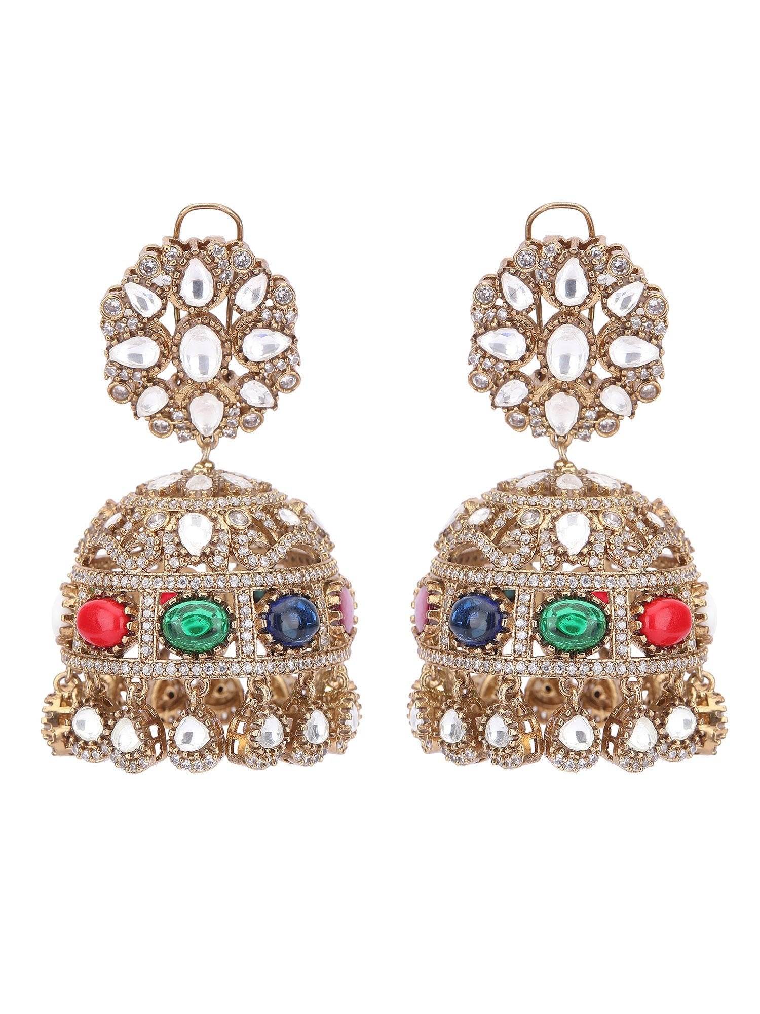 Gold Plated Dome Shaped Stone Studded Jhumka earrings set - Auraa Trends - Jhumkas - Earrings New Arrivals