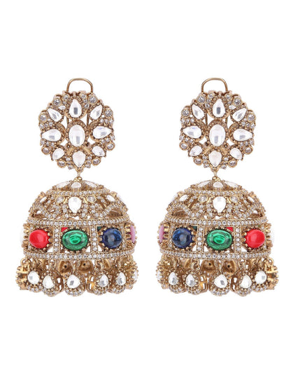 Gold Plated Dome Shaped Stone Studded Jhumka earrings set - Auraa Trends - Jhumkas - Earrings New Arrivals