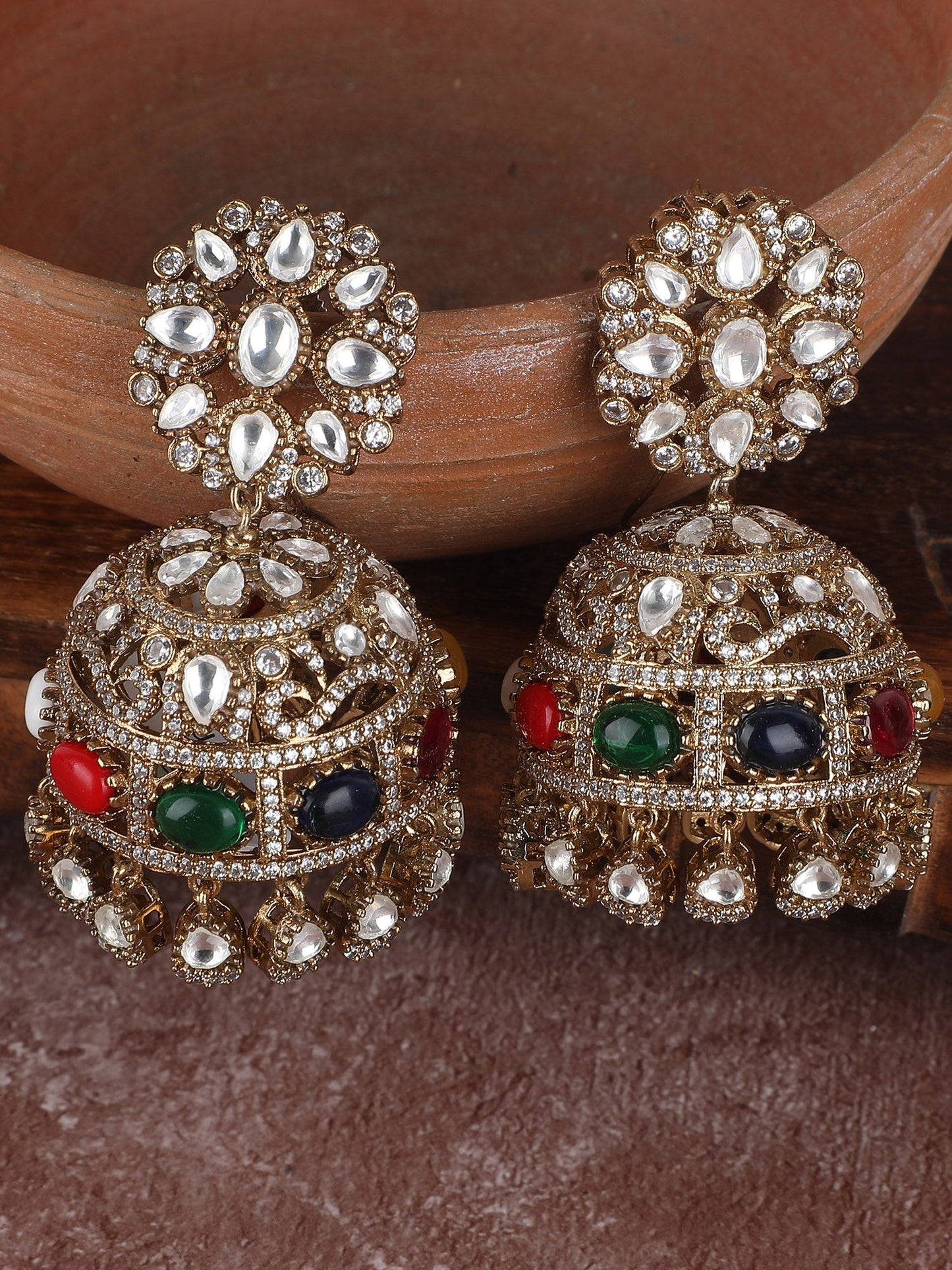 Gold Plated Dome Shaped Stone Studded Jhumka earrings set - Auraa Trends - Jhumkas - Earrings New Arrivals