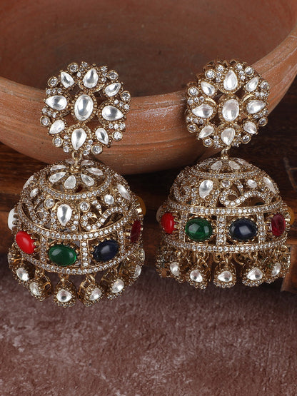Gold Plated Dome Shaped Stone Studded Jhumka earrings set - Auraa Trends - Jhumkas - Earrings New Arrivals