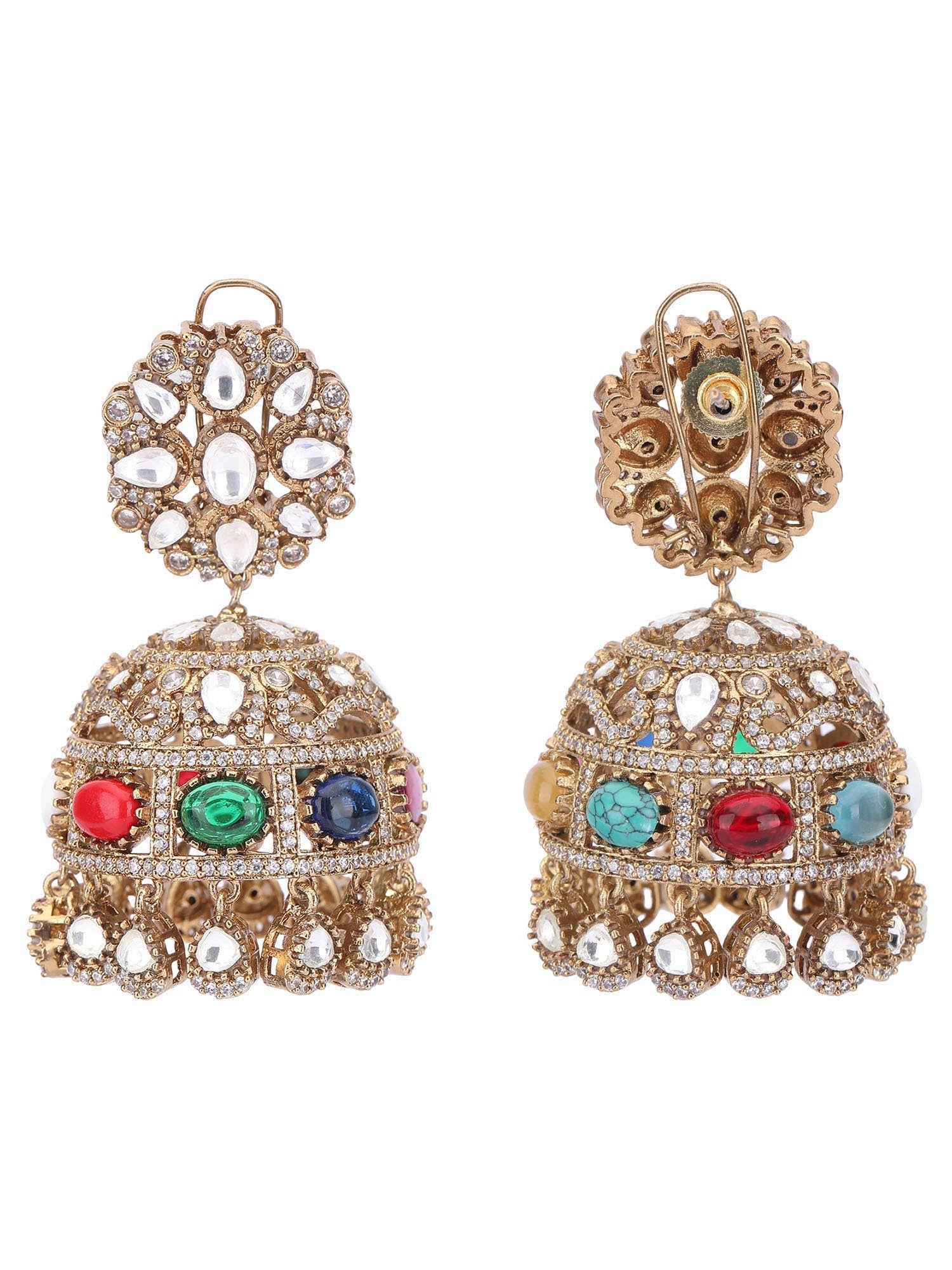 Gold Plated Dome Shaped Stone Studded Jhumka earrings set - Auraa Trends - Jhumkas - Earrings New Arrivals
