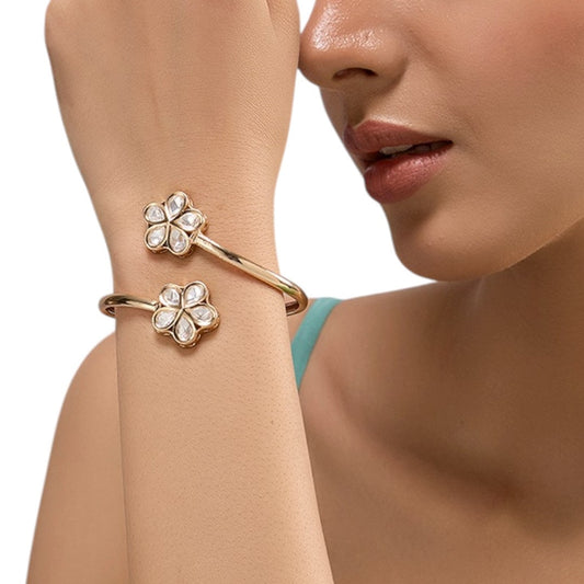 Gold - Plated Floral Kundan Open Bangle Bracelet for Women - Auraa Trends - Bangles -  - Auraa Trends - Gold - plated open floral bangle with white Kundan stones for women