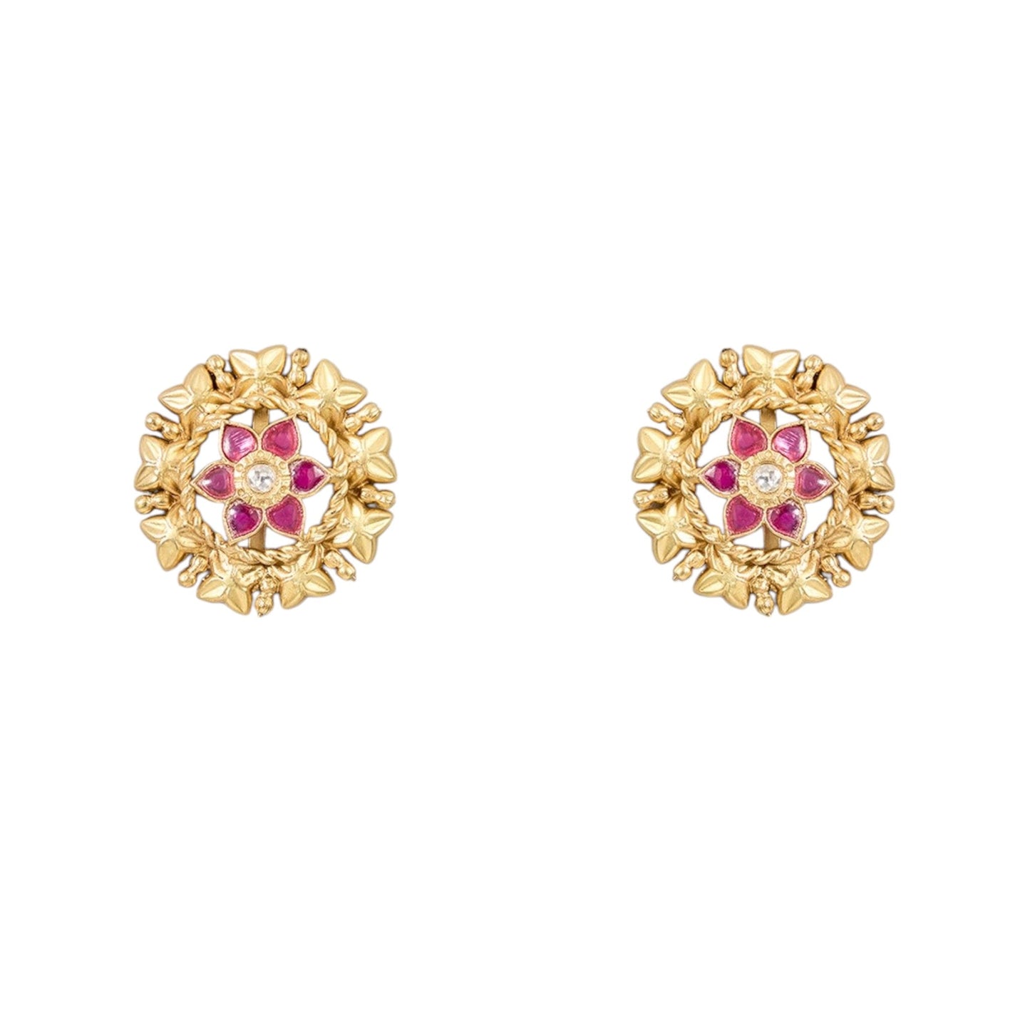 Gold - Plated Floral Stud Earrings with Ruby Accents - Auraa Trends - Studs - # - Auraa Trends - Gold - Plated Floral Stud Earrings with Ruby Accents