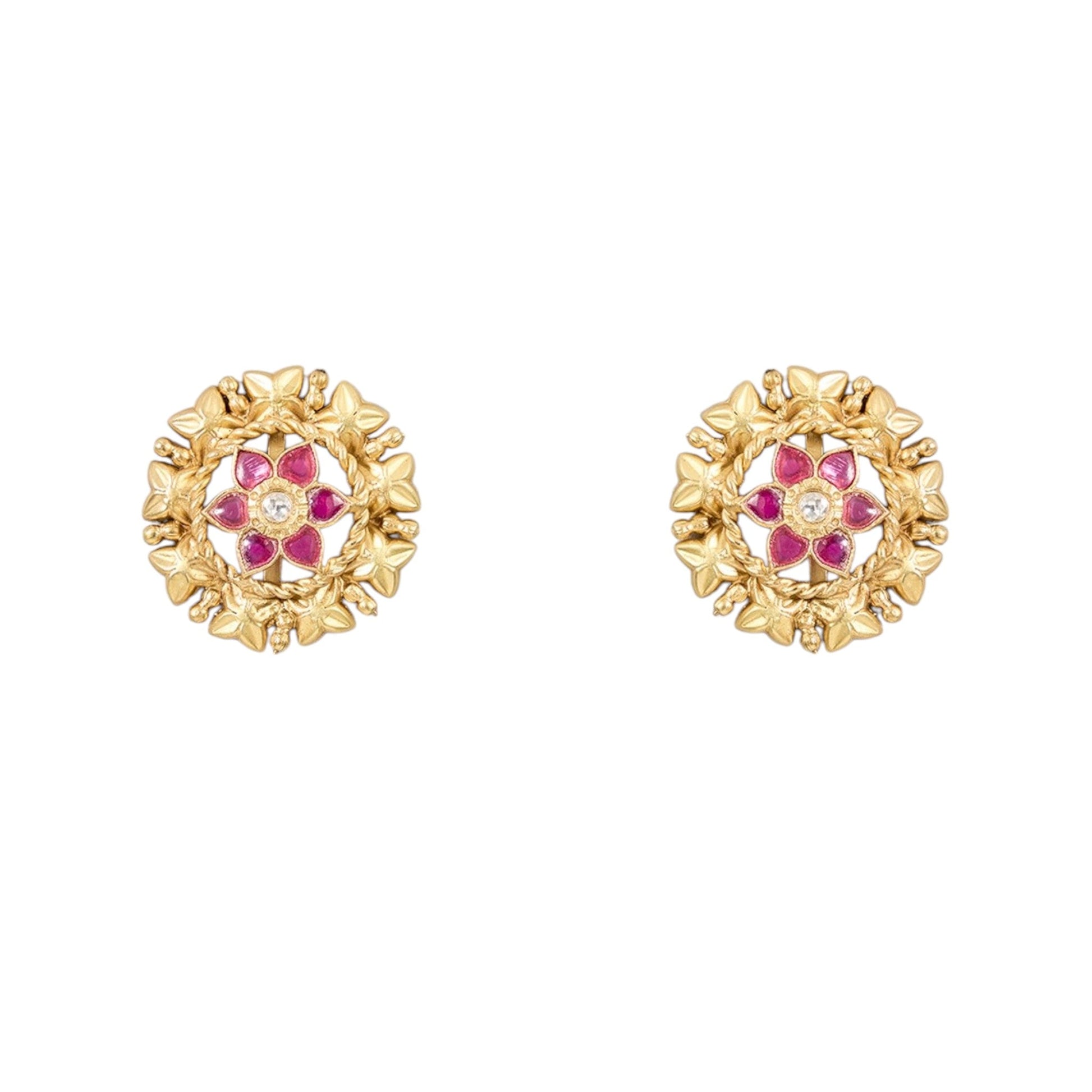 Gold - Plated Floral Stud Earrings with Ruby Accents - Auraa Trends - Studs - # - Auraa Trends - Gold - Plated Floral Stud Earrings with Ruby Accents