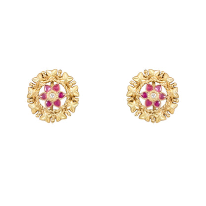 Gold - Plated Floral Stud Earrings with Ruby Accents - Auraa Trends - Studs - # - Auraa Trends - Gold - Plated Floral Stud Earrings with Ruby Accents