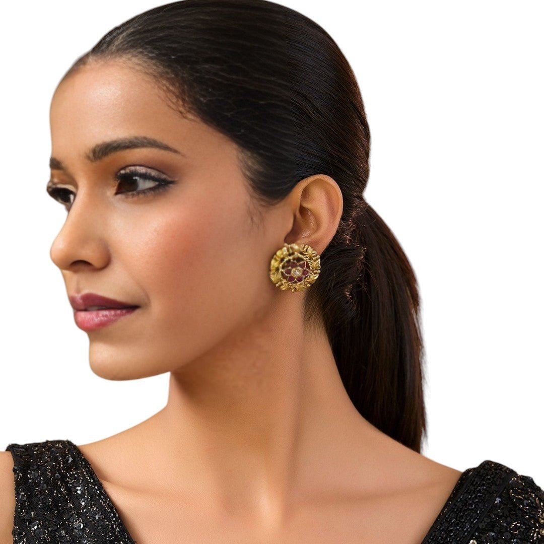 Gold - Plated Floral Stud Earrings with Ruby Accents - Auraa Trends - Studs - # - Auraa Trends - Gold - Plated Floral Stud Earrings with Ruby Accents