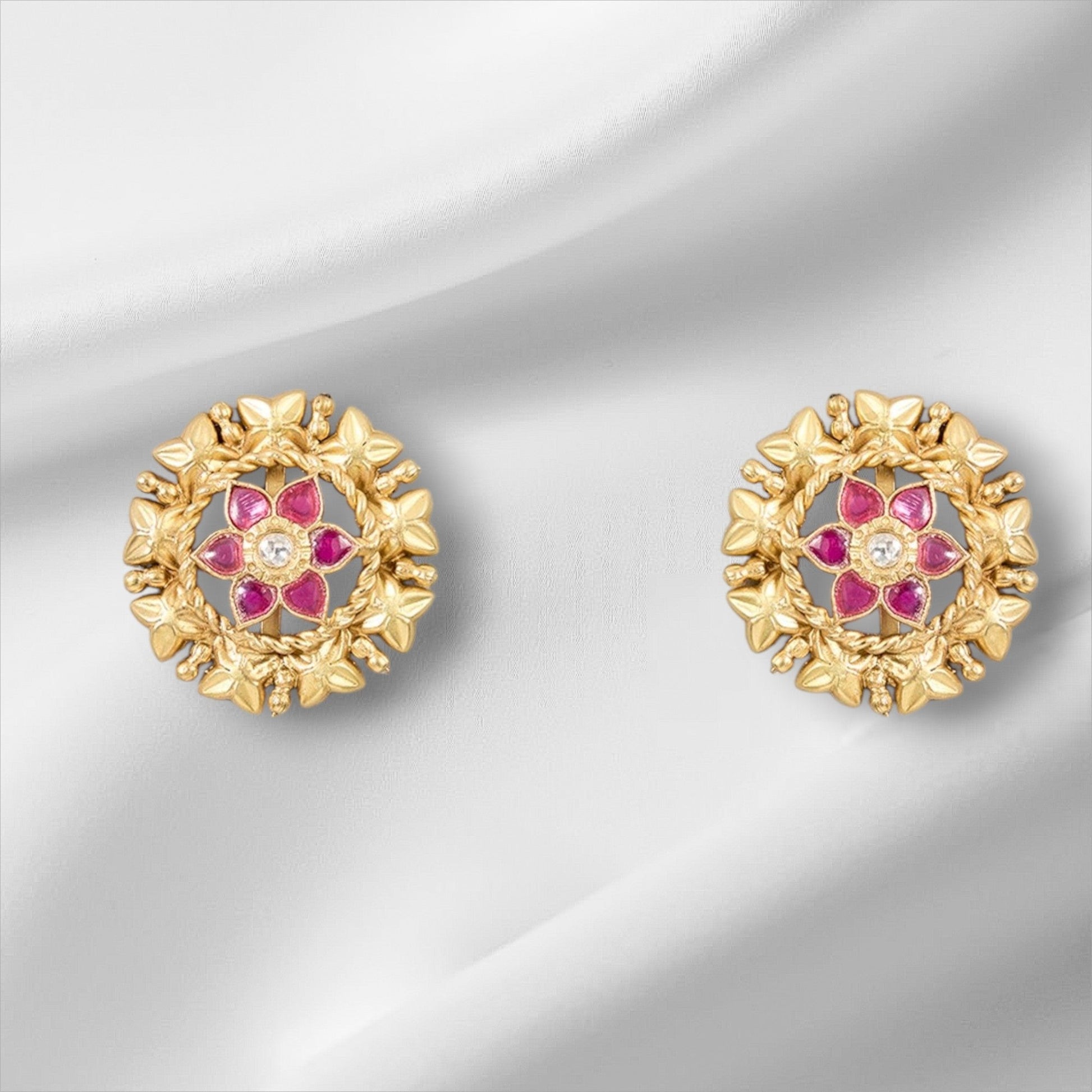 Gold - Plated Floral Stud Earrings with Ruby Accents - Auraa Trends - Studs - # - Auraa Trends - Gold - Plated Floral Stud Earrings with Ruby Accents